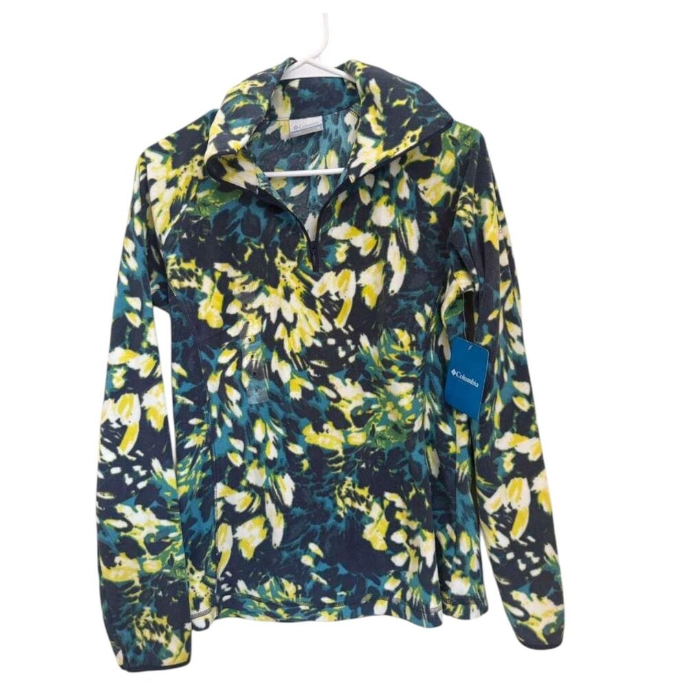 Columbia Women’s M Floral Fleece Pullover 1/4 Zip Blue Yellow Outdoor Top NWT